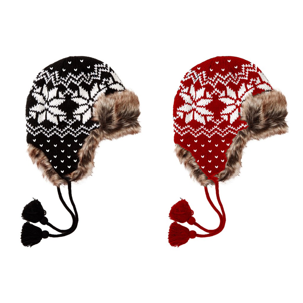 Topi rajut knit wool winter musim dingin gunung bulu faux fur motif nordic rusia ushanka trapper hat