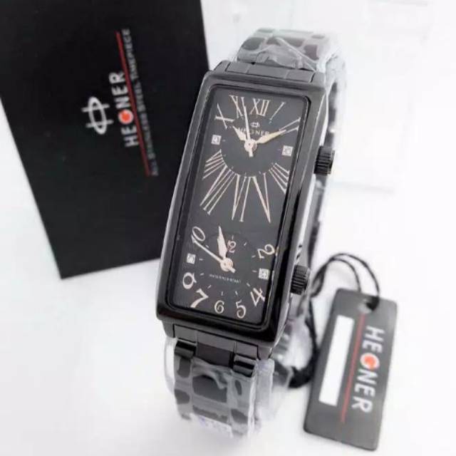 JAM TANGAN HEGNER WANITA ORIGINAL DUAL TIME  WATER RESISTANT  HITAM KOTAK-ALL-STAINLESS-STEEL