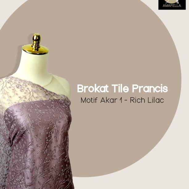 1/2 meter Kain Brokat Brukat Tile Prancis Bahan Kebaya Motif Akar Ungu - Tepi Bunga