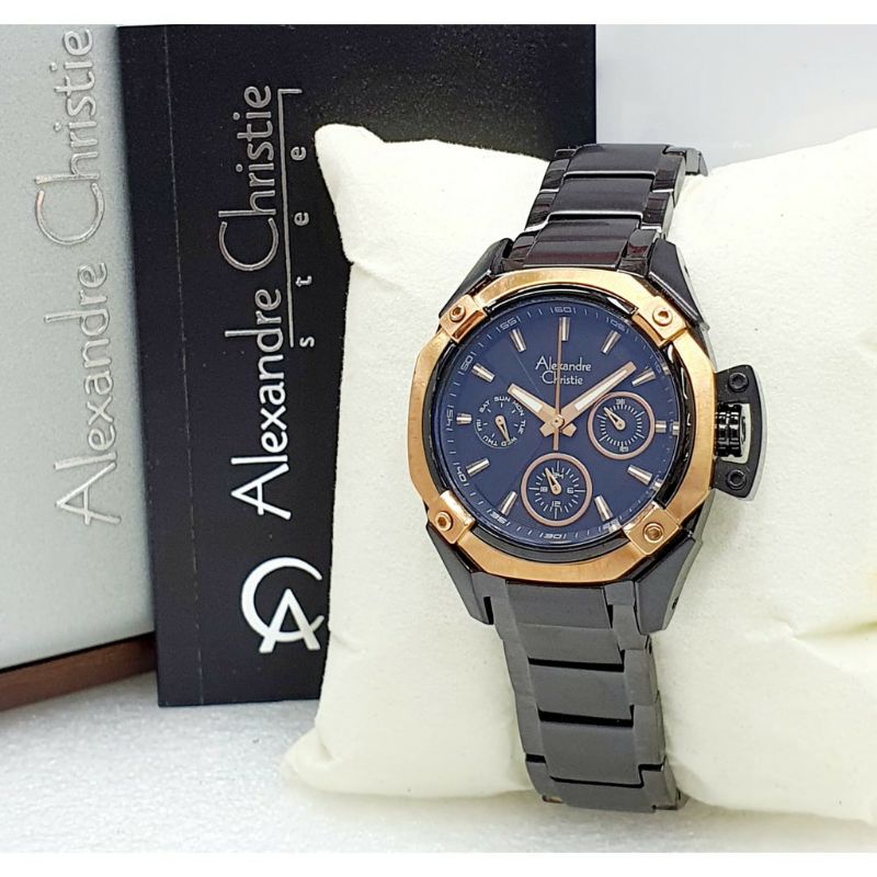 Alexandre Christie Original AC6225 Jam Tangan Wanita Stainless Steel Hitam Rose Gold