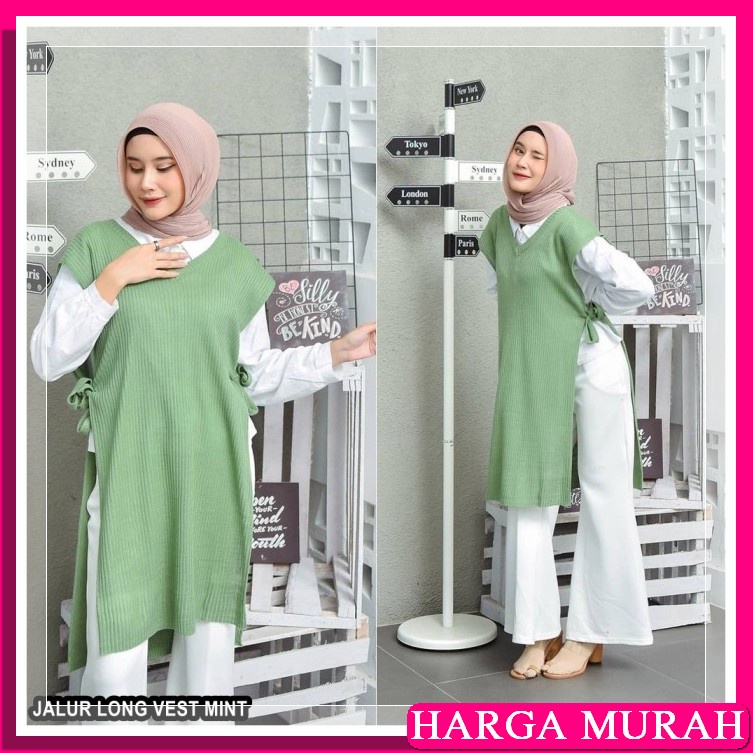 Rompi Rajut Tali Samping Cable Wanita Polos Vest Knit Tanpa Lenga DO893 Rompi Rajut Wanita Panjang