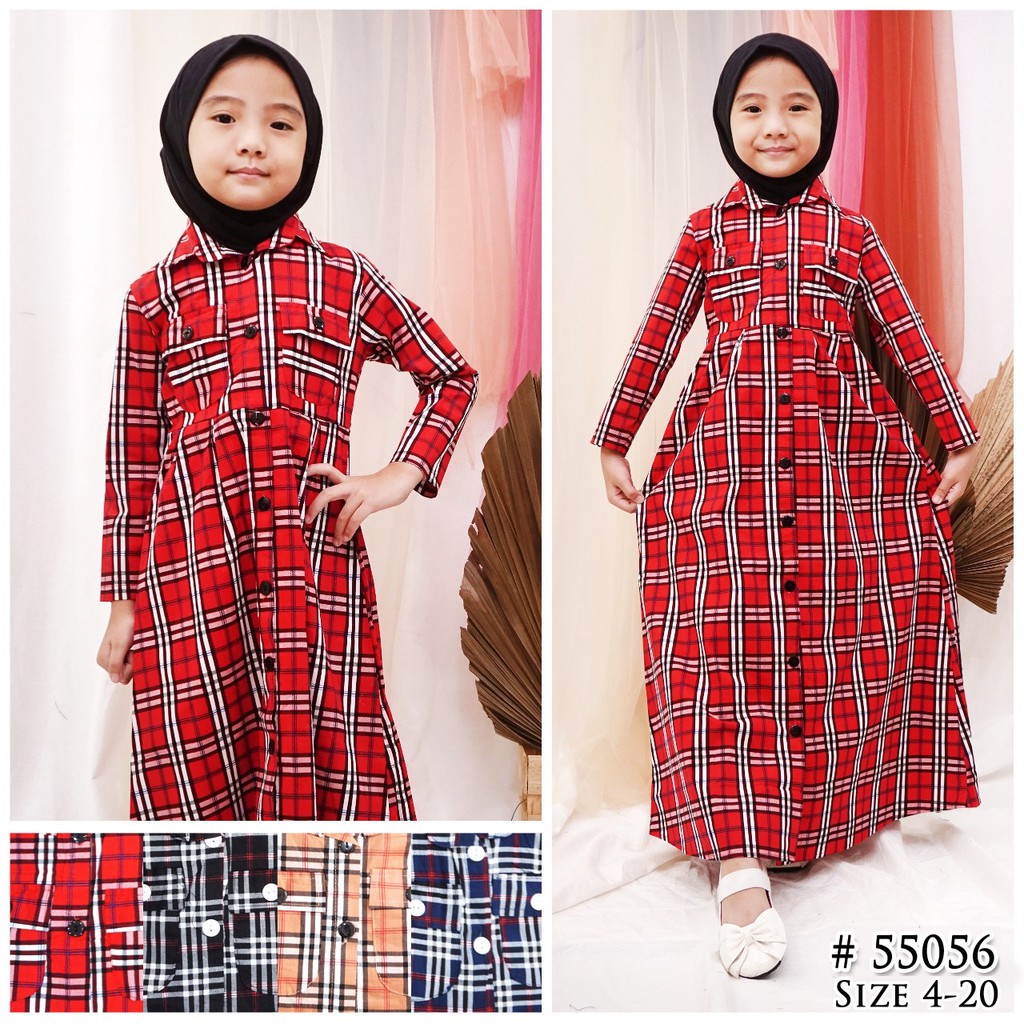 [GROSIR] Gamis hijab kerudung anak kotak burberry katun stretch untuk 4-9 tahun Kids Catherine