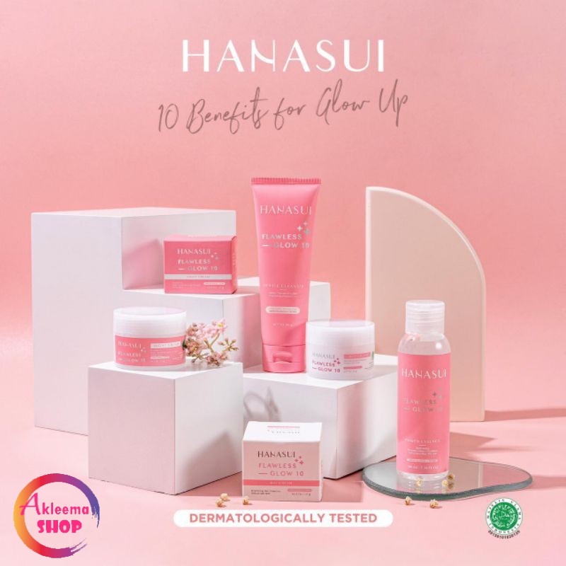 Paket Hanasui Flawless Glow 8pcs (day+night+serum pink+micellar+sunscreen+essence+face mist+cleanser)