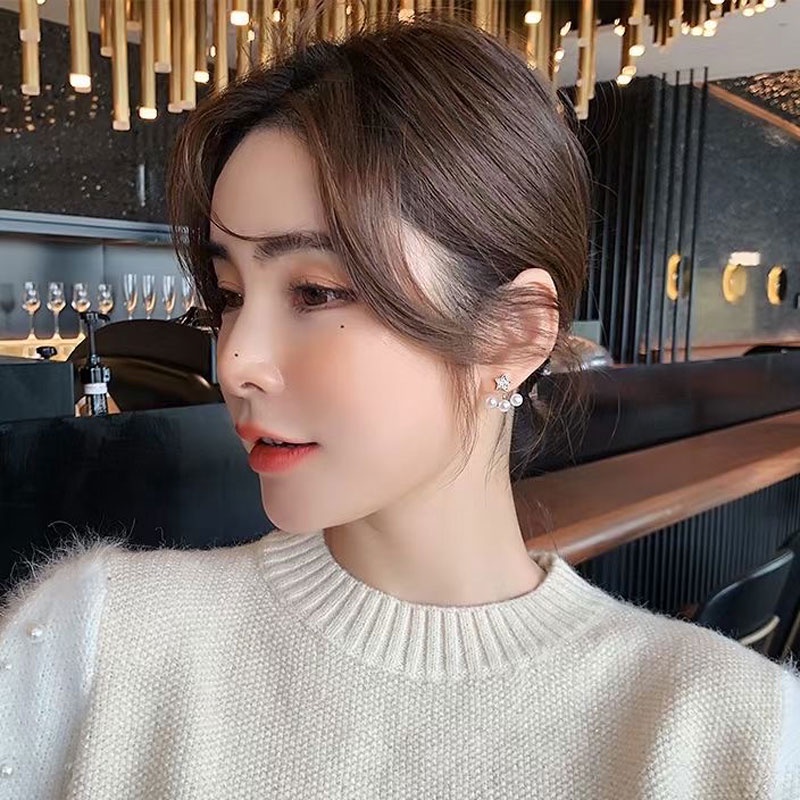 Anting Tusuk Silver Wanita Model Gantung Belakang Hias Mutiara Gaya Retro Korea