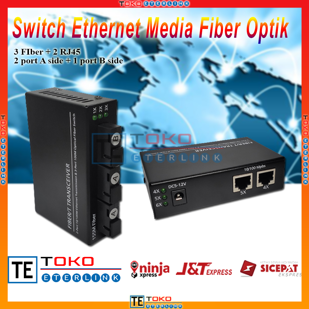 Switch Ethernet Media Fiber Optik Mode Tunggal 2 Rj45 Dan 3 Sc Port 10 100m Asli Import-TANPA ADAPTOR