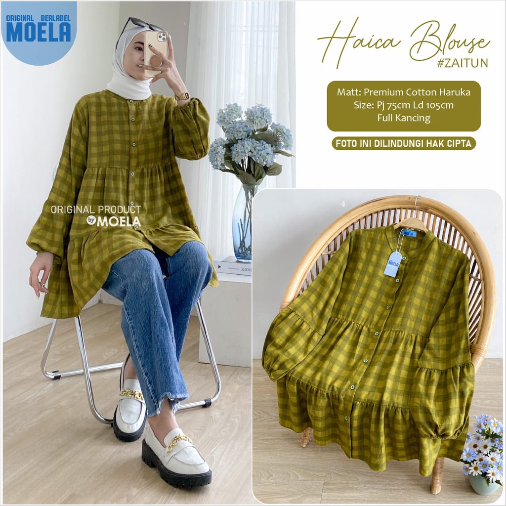 HAICA BLOUSE ld 105cm by ORIGINAL MOELA fashion OOTD premium cotton haruka atasan kotak-kotak fashio