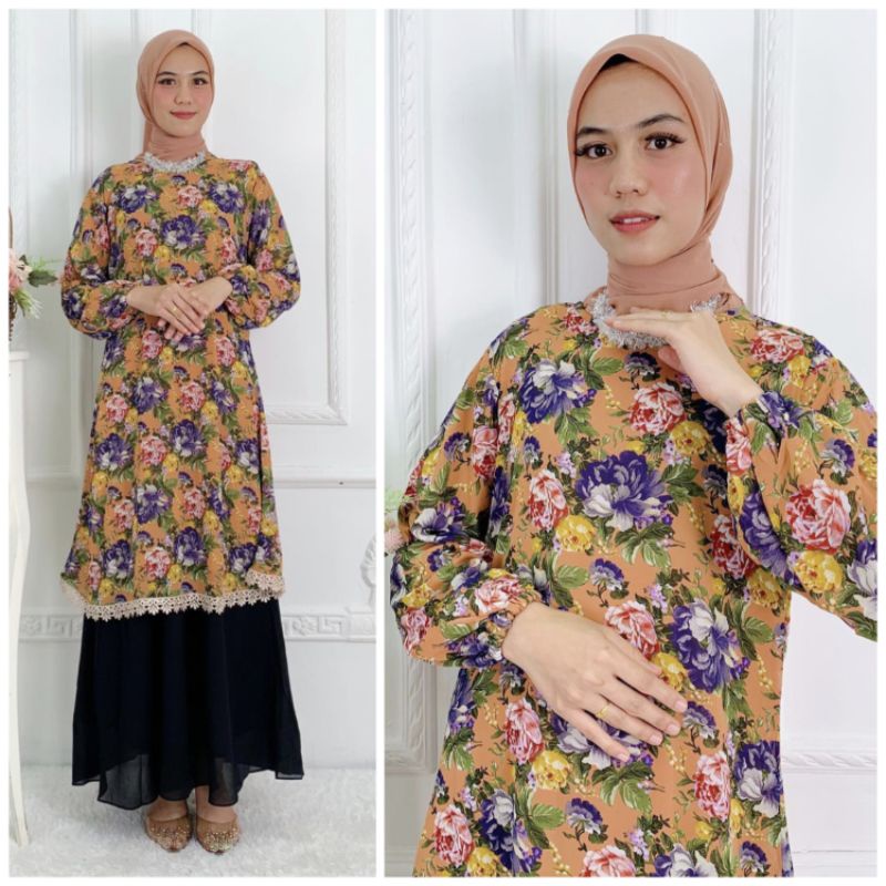 Terlaris Gamis Rempel Motif Kombinasi Polos Mix Renda Dress Ceruty Babydoll Premium Longdress Ibu Bu