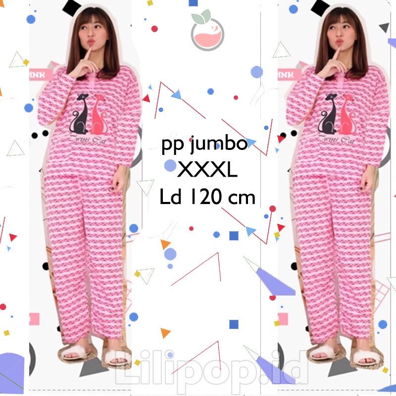 Lilipop.id  Baju Tidur Jumbo Twin Cat XXXL Celana Panjang PP Bigsize Lengan Panjang Baby Doll Kaos