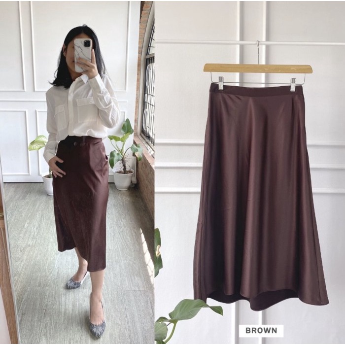 LAPIAF Women Korean Silk Satin Skirt Rok Midi Wanita Import Korea Ori - Brown