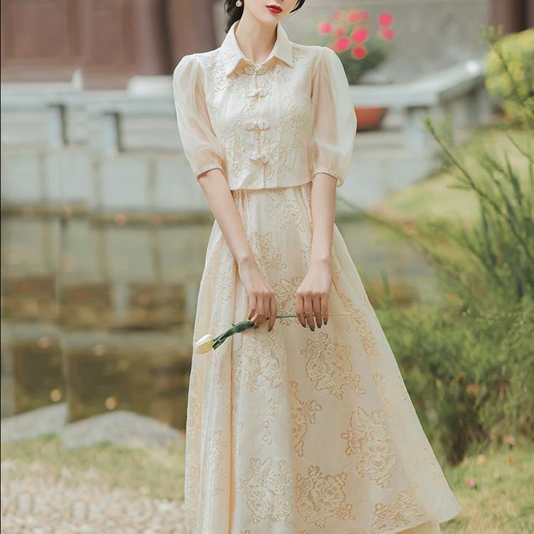 2021 summer suit fairy improved cheongsam 2021 new young suspender lace dress two