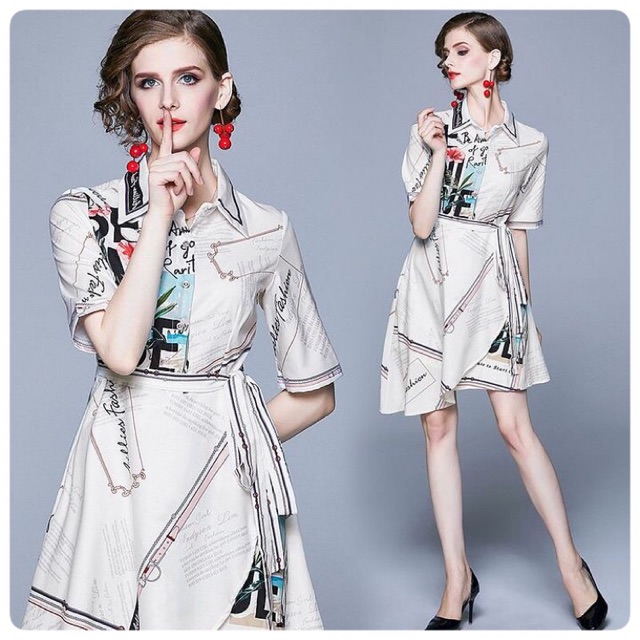 DRESS MIDI PUTIH MOTIF FLIP OFFWHITE PRINTED