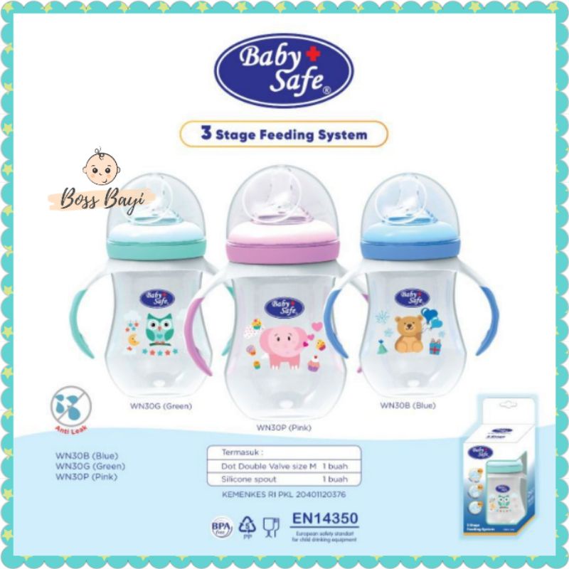 BABY SAFE - 3 Stage Feeding System Bottle 250ml WN30 Wide Neck with Handle/ Botol Dot Wide Neck Ada Pegangan