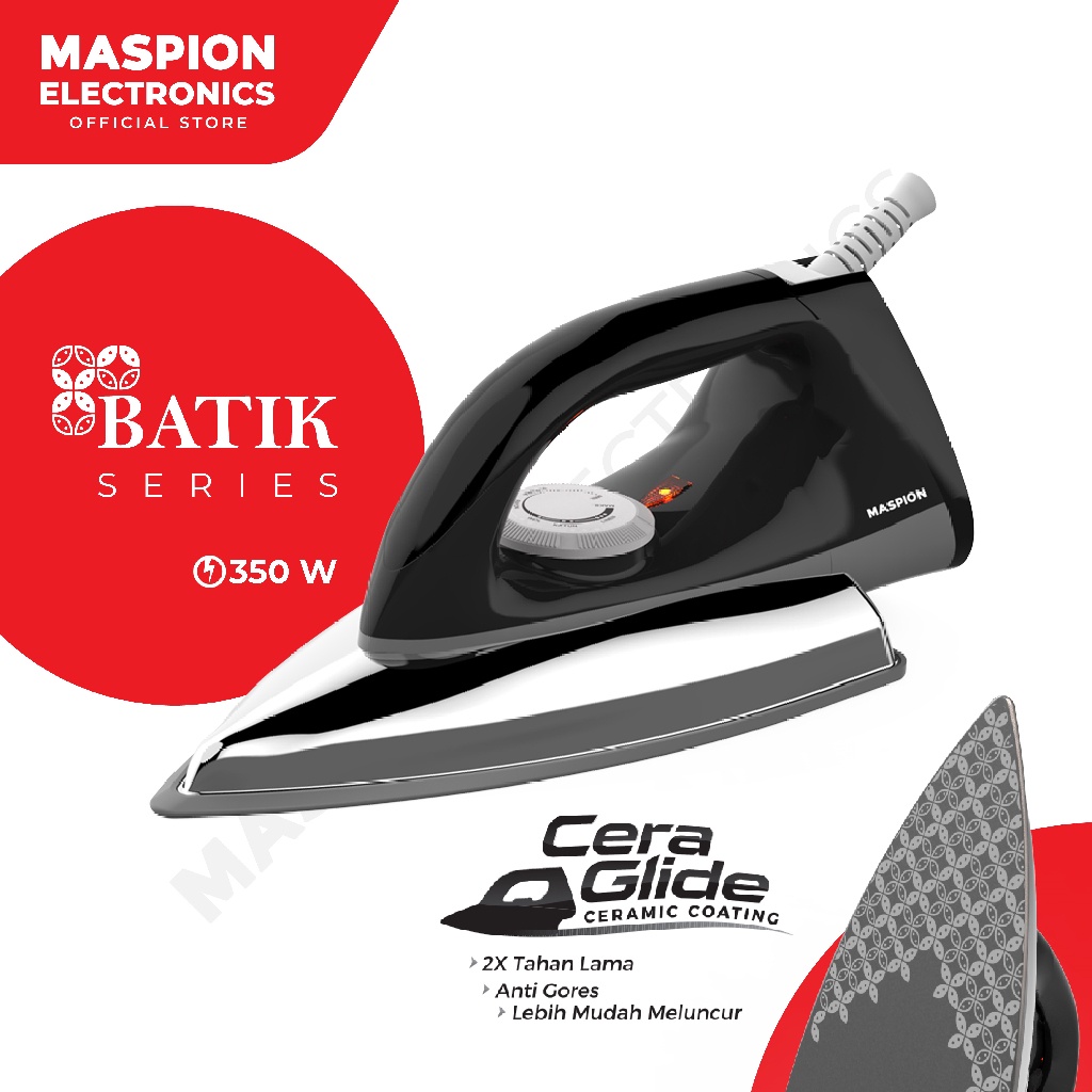 Setrika Listrik Maspion HA-380 Setrika Ceramic Coating Anti Lengket 350 Watt HA380 - Gosokan Alas Keramik Maspion