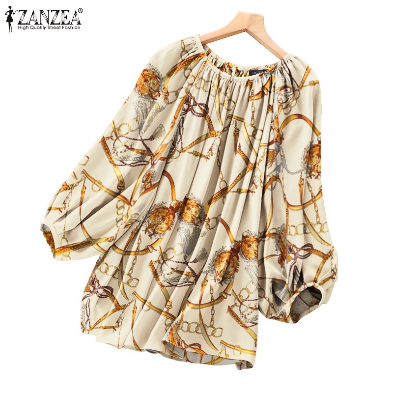 ZANZEA Women Long Sleeve O-Neck Back Buttons Vintage Print Pleated Loose Blouse