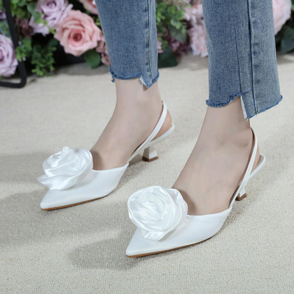 ARIANA HELIVA Sepatu Sling Back Hak Sedang 4,5cm Motif Bunga Mawar Flower Rose Bahan Kulit Satin Halus Sepatu Pesta Ujung Lancip Wedding Nikah Kondangan HV2585 Original Brand