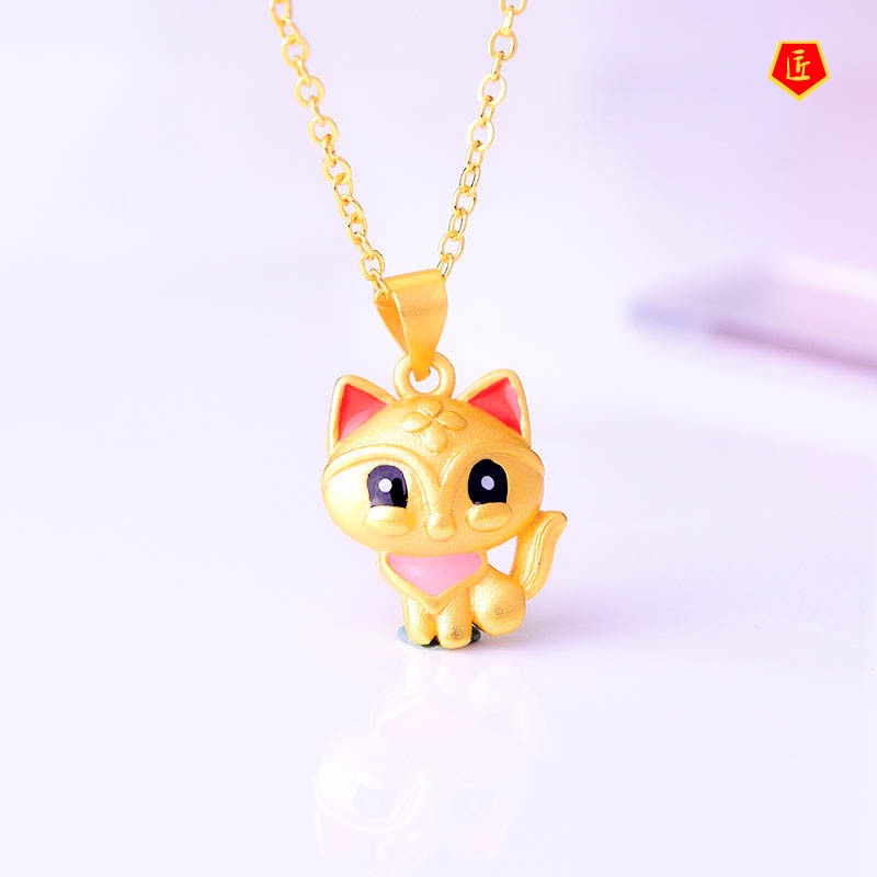 [Ready Stock]3D Gold Necklace Lucky Beads Women's Paint Cute Little Fox Pendant