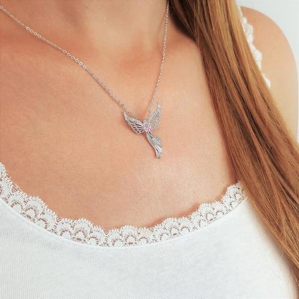 Kalung Liontin Sayap Malaikat Virgin Mary Bahan Stainless Steel Aksen Berlian Zirkon Untuk Aksesoris