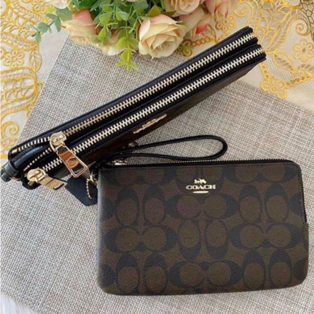 Coach Large Wristlet Double Zip Brown Black