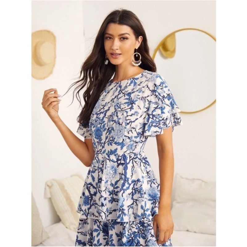 VN SUMMER DRESS / DRESS PANTAI /  KOREAN DRESS / BEACH BUTTERFLY SLEEVE LAYERED HEM FLORAL DRESS