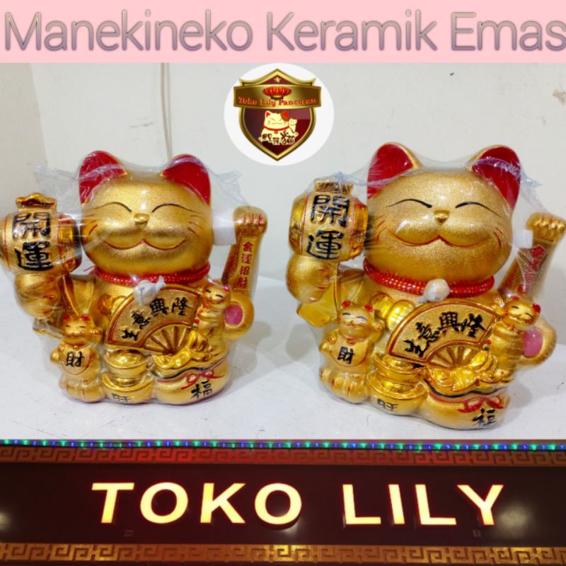 Maneki Neko Kucing Hoki Keramik Emas