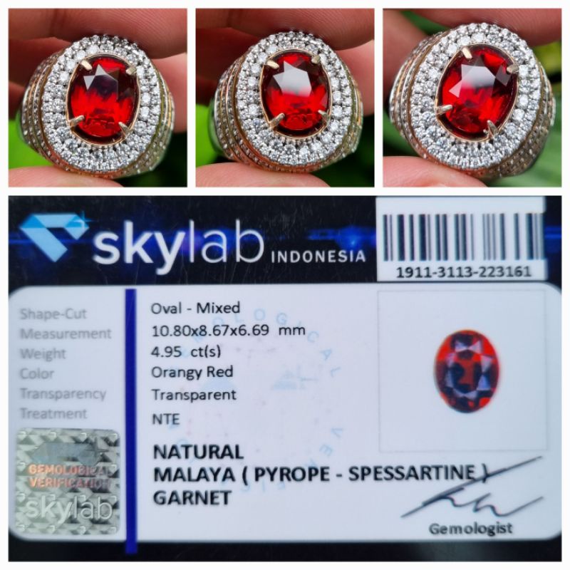 Natural Orangy Red Malaya Garnet HQ Memo 4.95 crt
