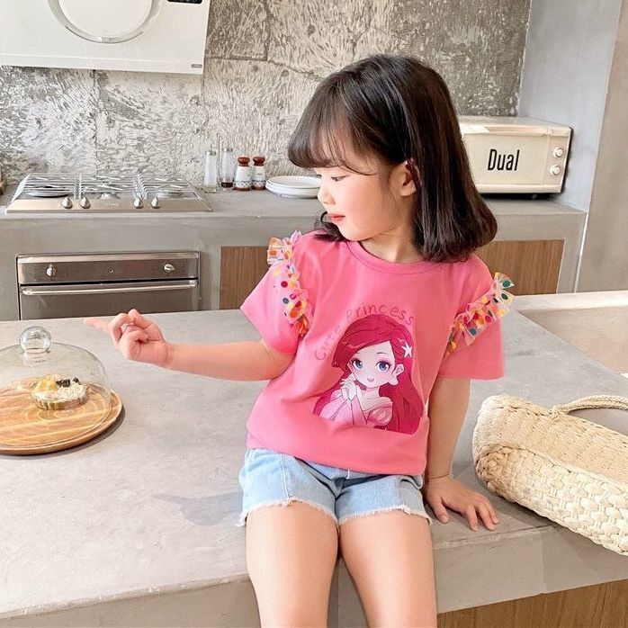 Baju Kaos Princess Anak Perempuan Impor Motif Elsa Aurora Cinderella Rainbow Sleeve