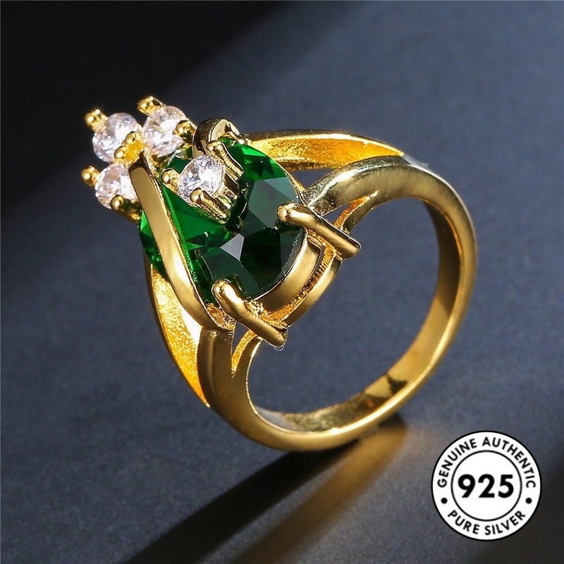 Cincin Sterling Silver 925 Dengan Batu Emerald Mewah Untuk Wanita