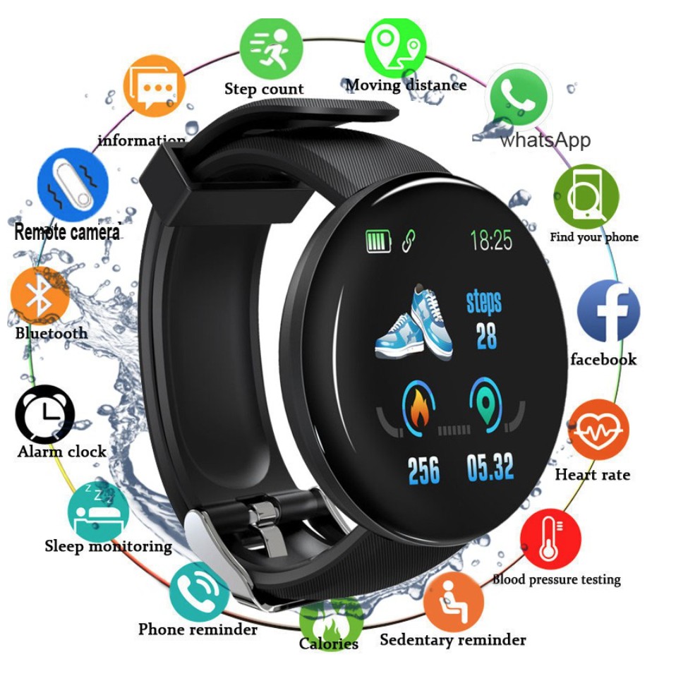 Jam Tangan Wanita &amp; Pria Smartwatch D18 Smartband Sport IP65 Anti Air IP65 untuk Fitness Tracker IP67 untuk Android/iOS