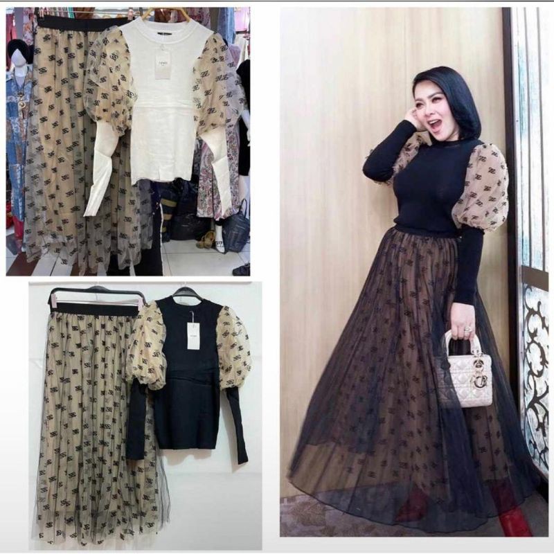 SETELAN BAJU BLOUSE RAJUT TANGAN TUTU DAN ROK SIFON SYAHRINI- RAJUT PREMIUM IMPORT BAJU LEBARAN (ADA TAG LABEL)