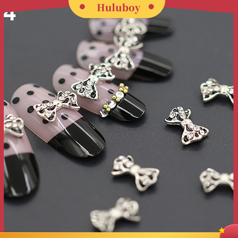 Huluboy Huluboy♡ 10pcs Stiker Kuku 3D Bentuk Pita Bahan Alloy Dengan Glitter Berlian Imitasi