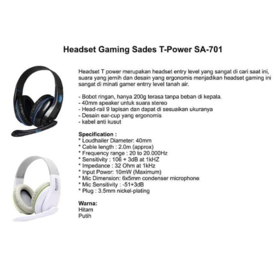 Headset gaming sades wired audio 3.5mm stereo 2m cable with mic T-power SA-701 - Headphone Sa701 Tpower