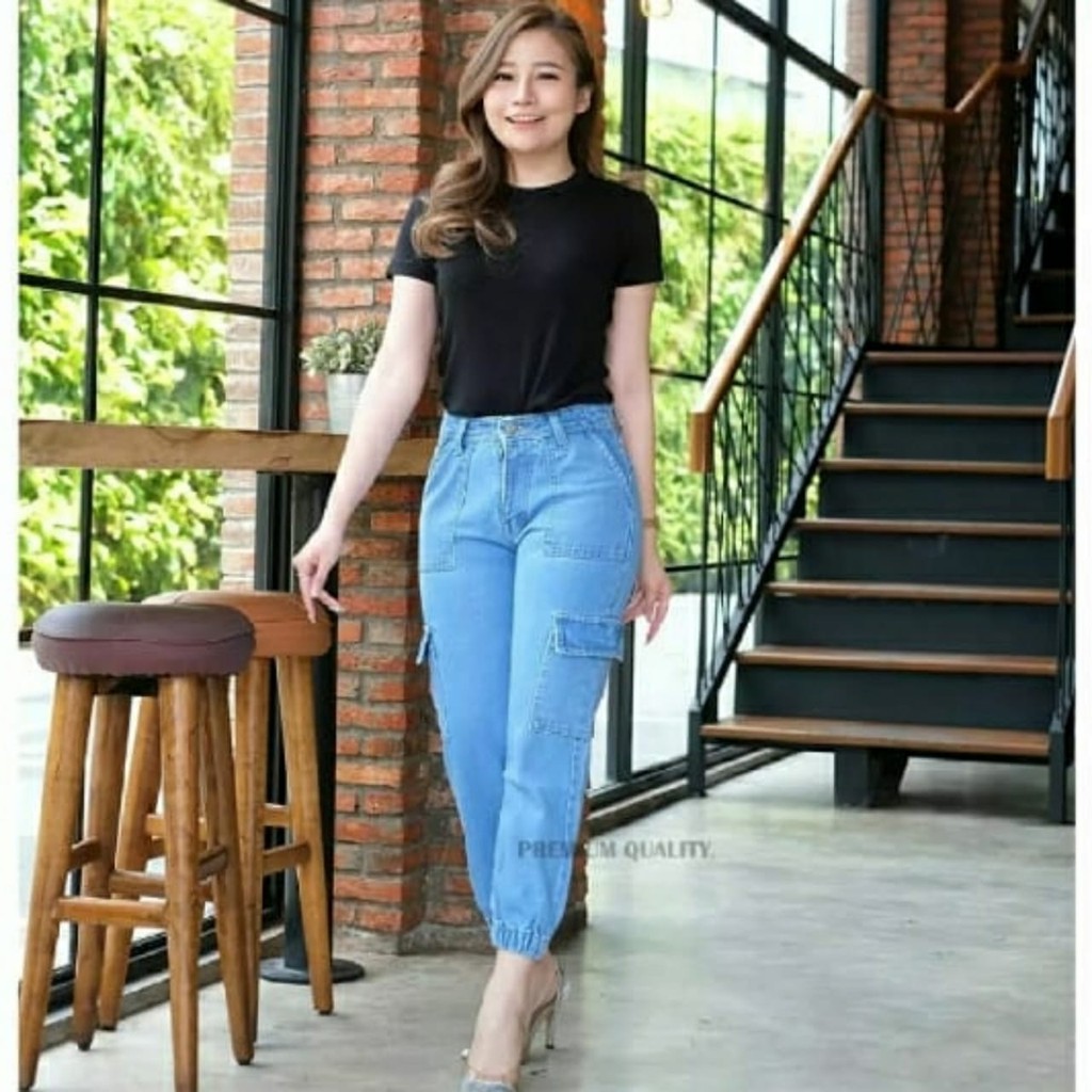 JOGGER CARGO CELANA JEANS WANITA Stretch PREMIUM Kekinian Murah