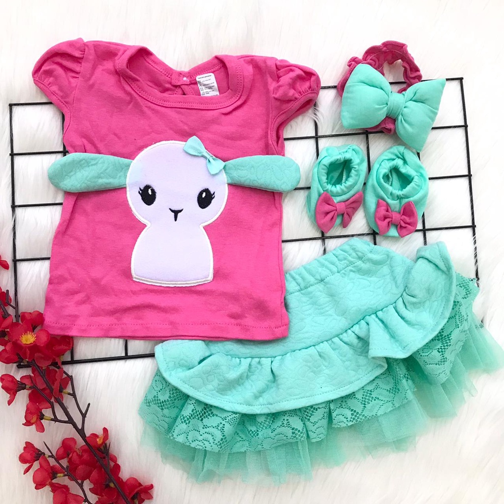 Baju setelan kaos rok tutu bandana sepatu fashion anak bayi cewek perempuan baby girl murah -she