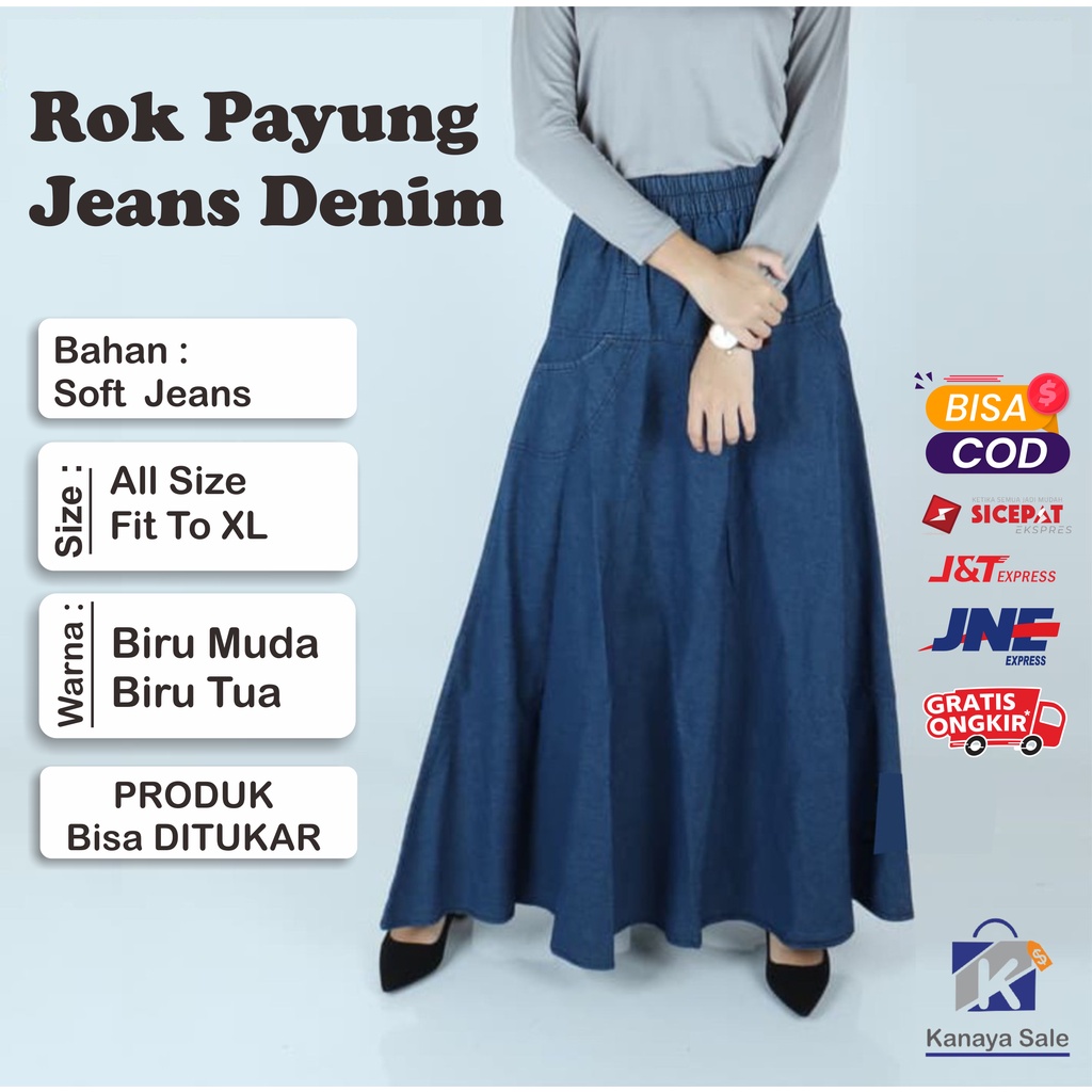 Rok Payung Jeans Denim Lepis Jumbo Rok Kerja Wanita Rok Panjang Muslimah Syari Hijabers - Rok Payung