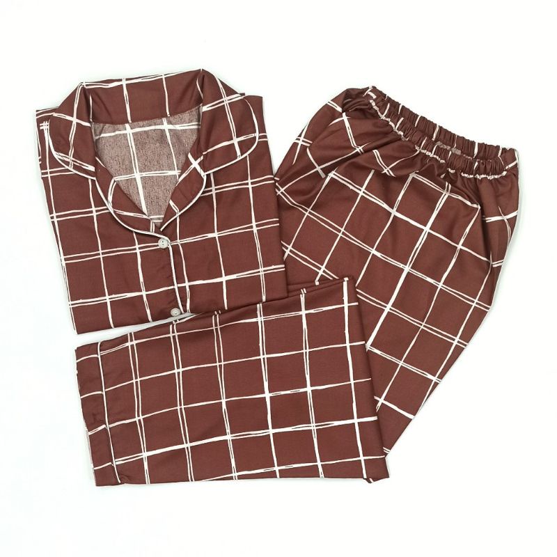 Baju Tidur Wanita / Piyama Wanita Tie Dye Set Motif Kekinian-Kotak Brown