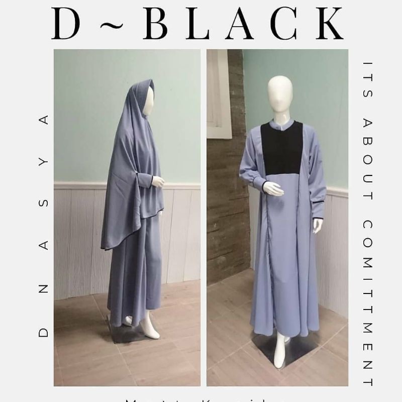 Set Gamis Syari D-Black With Khimar Lengan Lubang Material Kosibo Warna Denim
