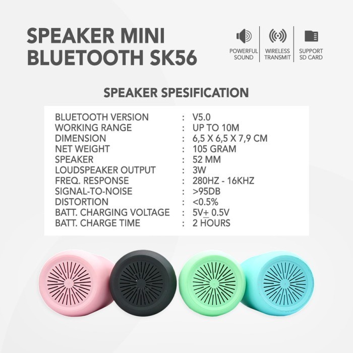 Speaker Bluetooth Portable Wireless Macaron SK 56 Support Memory Card