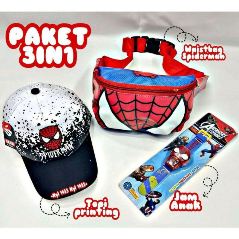 waistbag anak karakter spiderman 3in1 - tas + topi + jam tangan