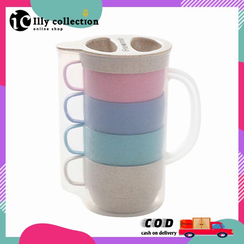 Mug Jerami Gandum Set 5 in 1 Teko Dengan Cangkir