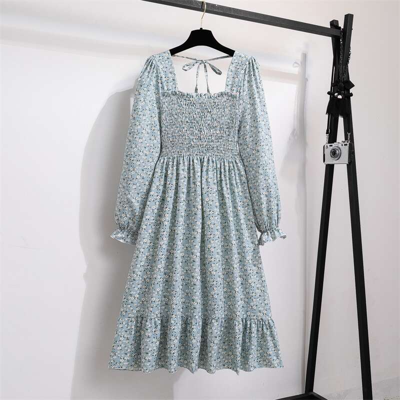 Gaun smocked lengan panjang kasual baru dengan dasi belakang A-line dress