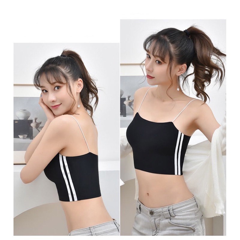 Tanktop Bra Seamless Push-Up Atasan Wanita Bralette Garis Samping Monokrom Strap Dalika