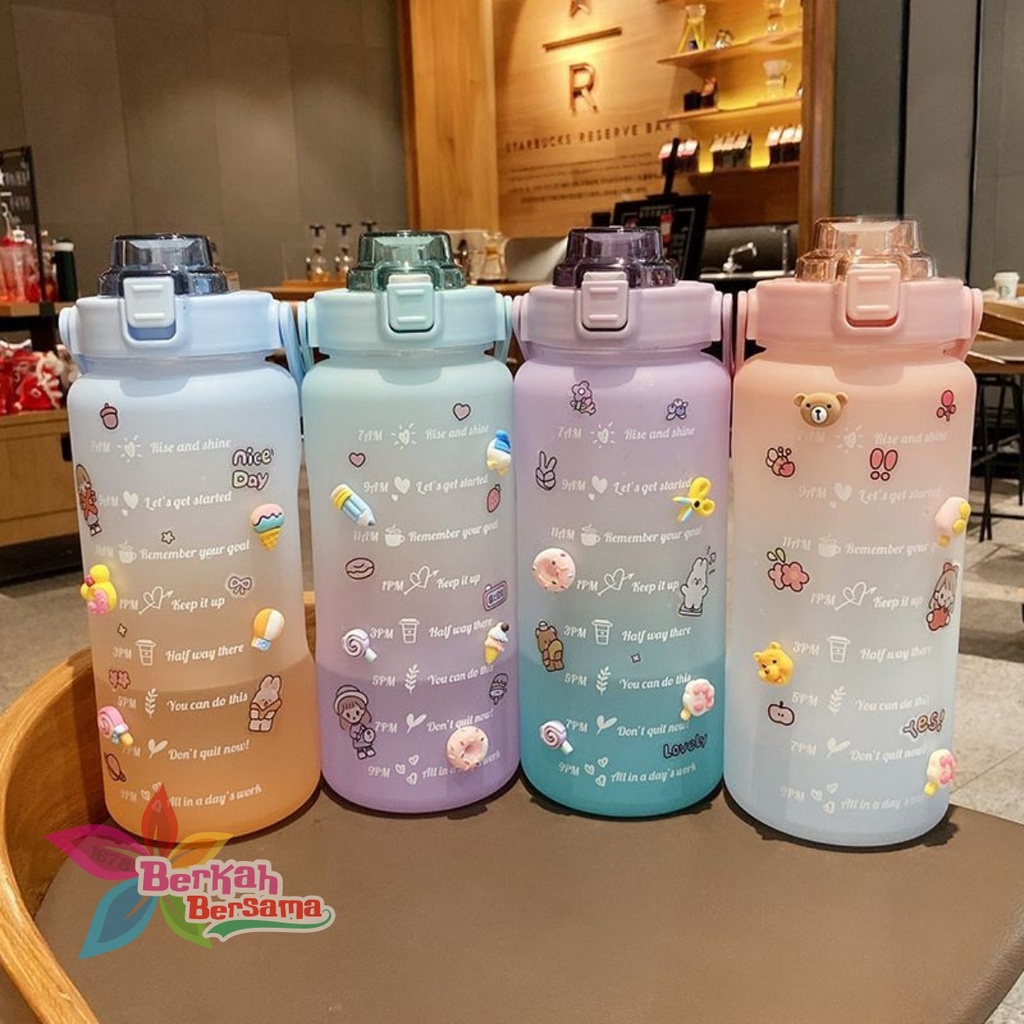 RT61 botol minum tumbler korea warna gradasi pelangi penanda waktu ukuran besar 2 liter 2000ml 2l BB6205