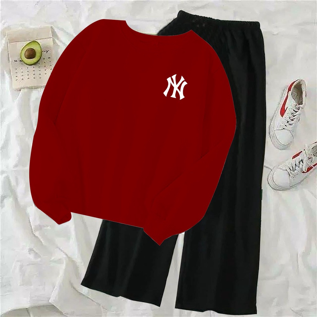 (COD)ST NY / Stelan Kulot Polos Wanita / Stelan Sweater Terlaris / Stelan NY Bordir / Sweater Lengan Panjang&Celana Kulot Viral-MARUN ATASAN SAJA
