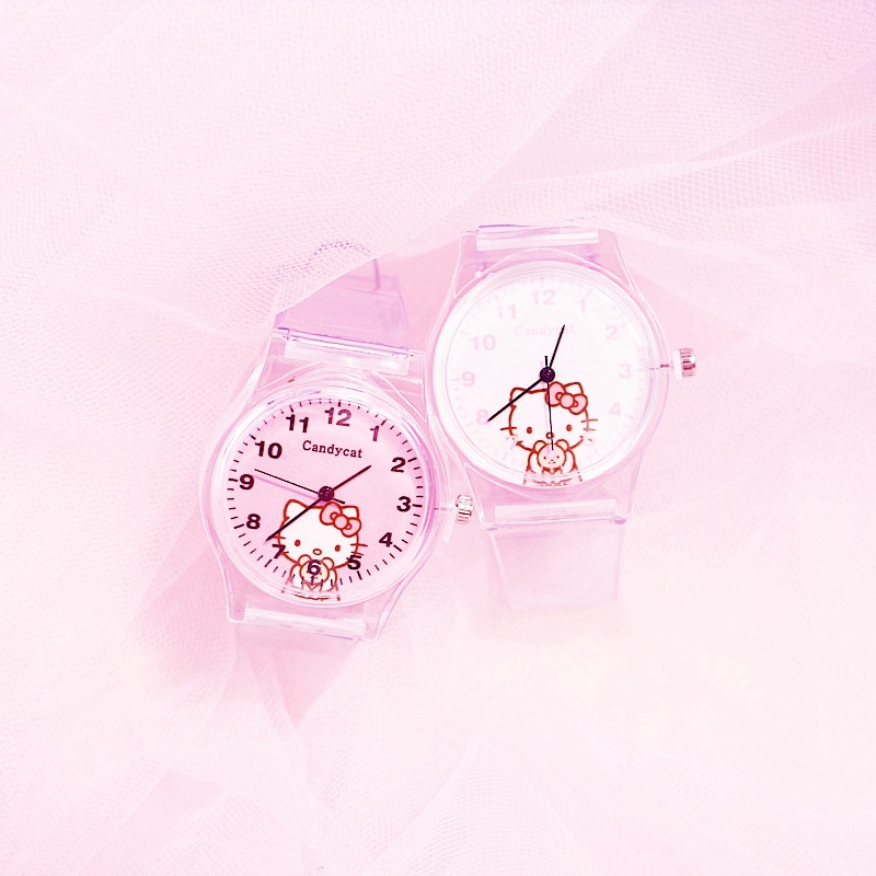 Hello Kitty Jam Tangan Wanita Jelly Rubber Transparant  Bening Karet Jam Tangan Murah