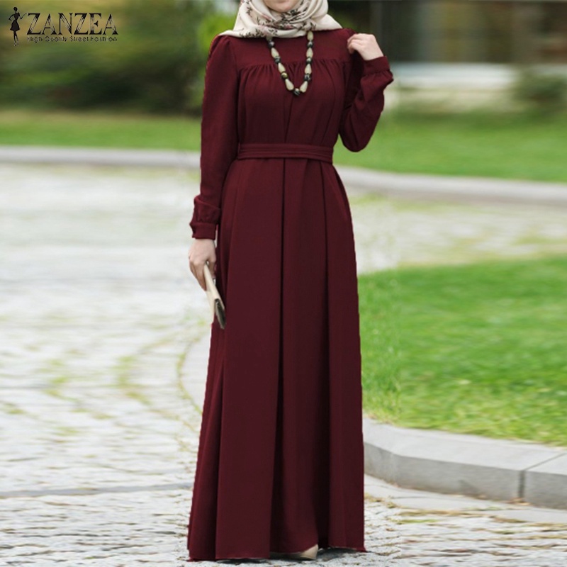 ZANZEA Women Long Puff Sleeve Button Down Front Muslim Long Dress