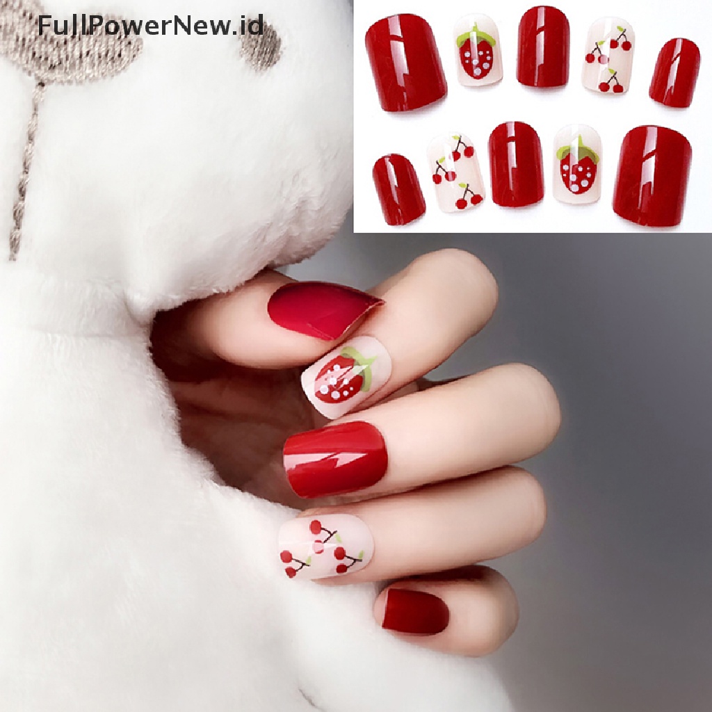 24 Pcs Kuku Palsu Full Cover Motif Strawberry Cherry Untuk Dekorasi Manicure