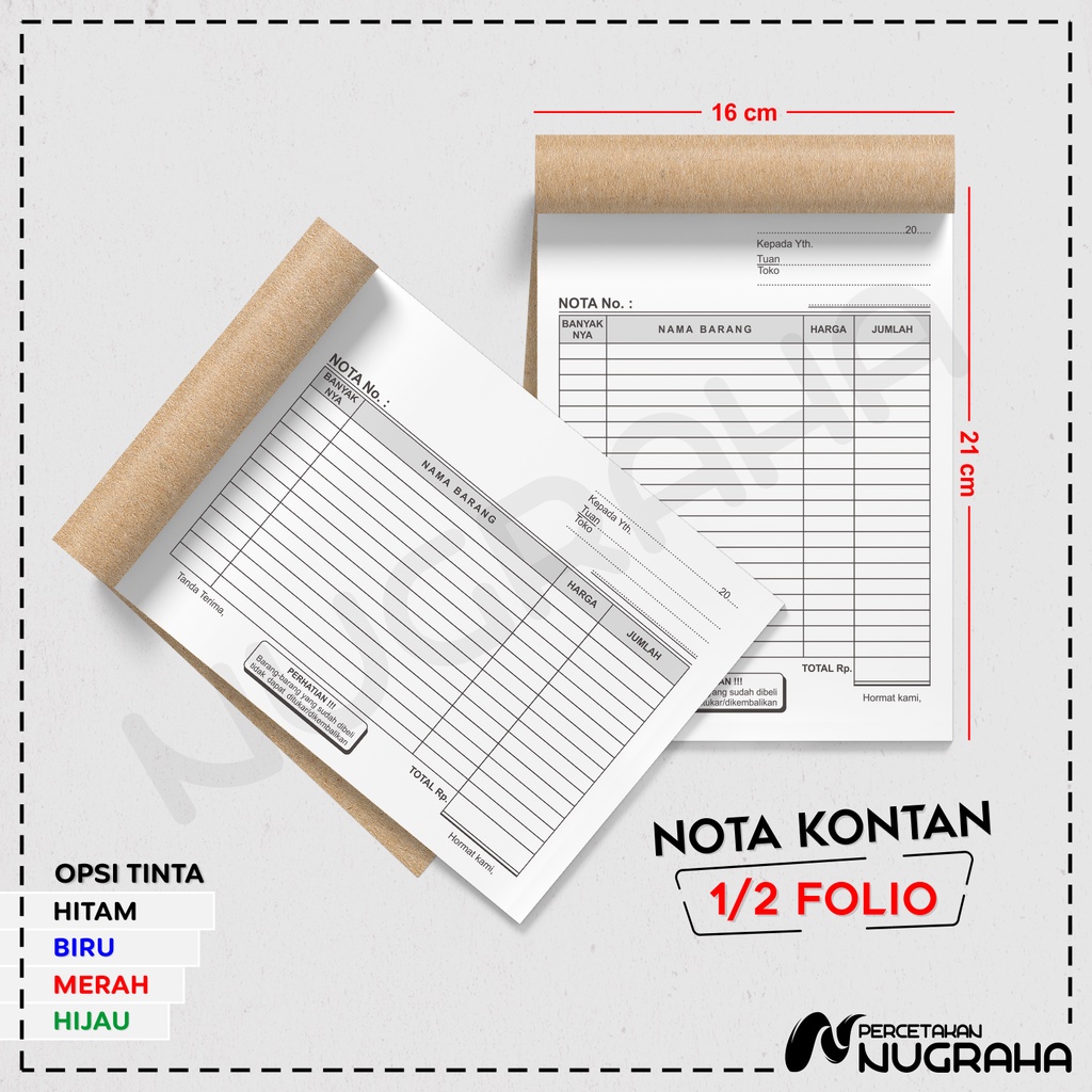 

NOTA UKURAN 1/2 FOLIO 2-3 RANGKAP (PLY) / BUKU NOTA KONTAN Isi 100 - 150 lembar