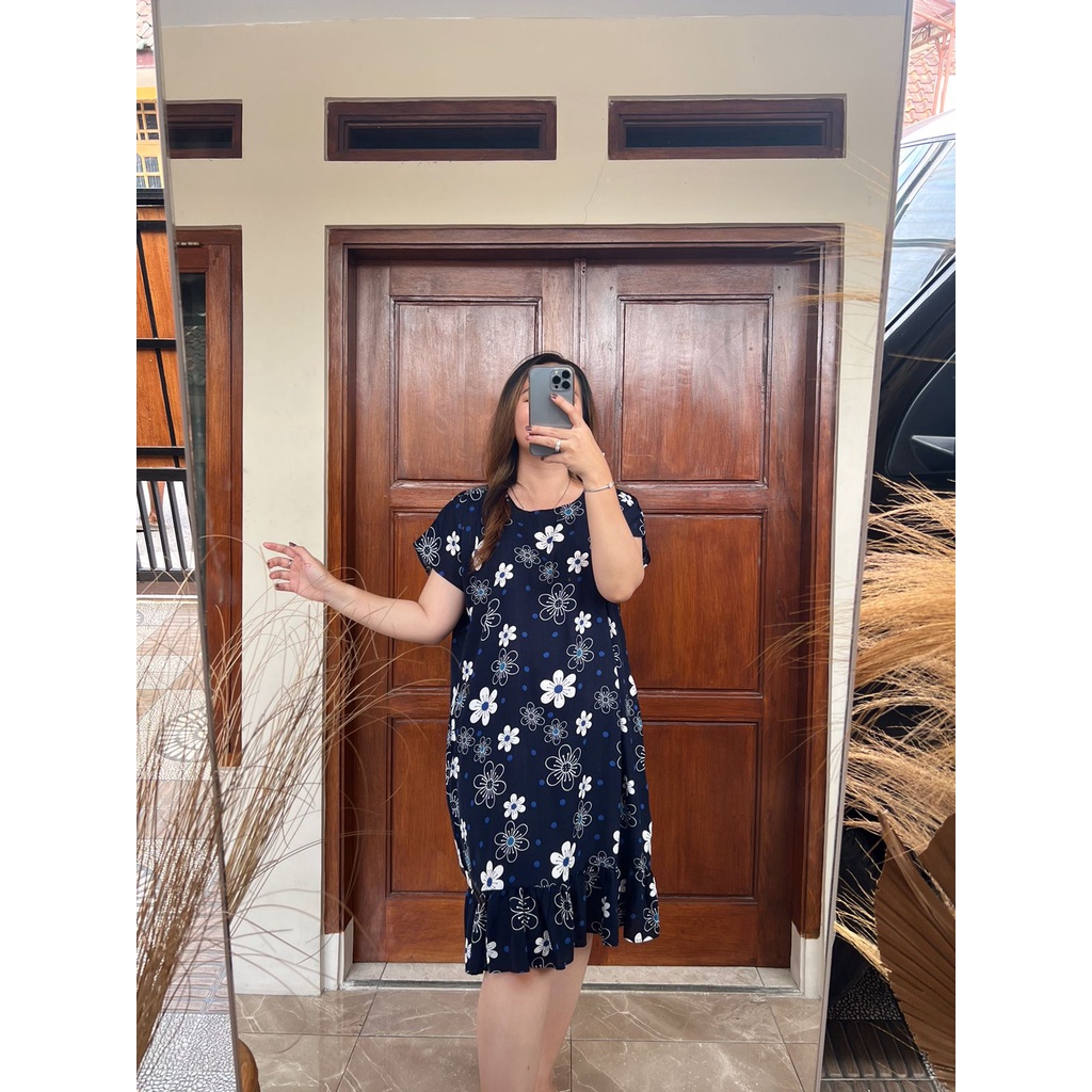 Daster Viral | Daster Ruffle Rayon | Daster Kekinian-Flower Navy
