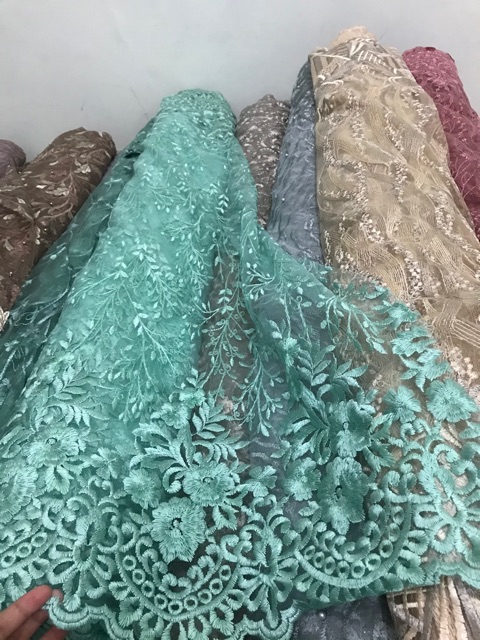 Kain tulle akar bordir non mutiara/kain kebaya dan gaun