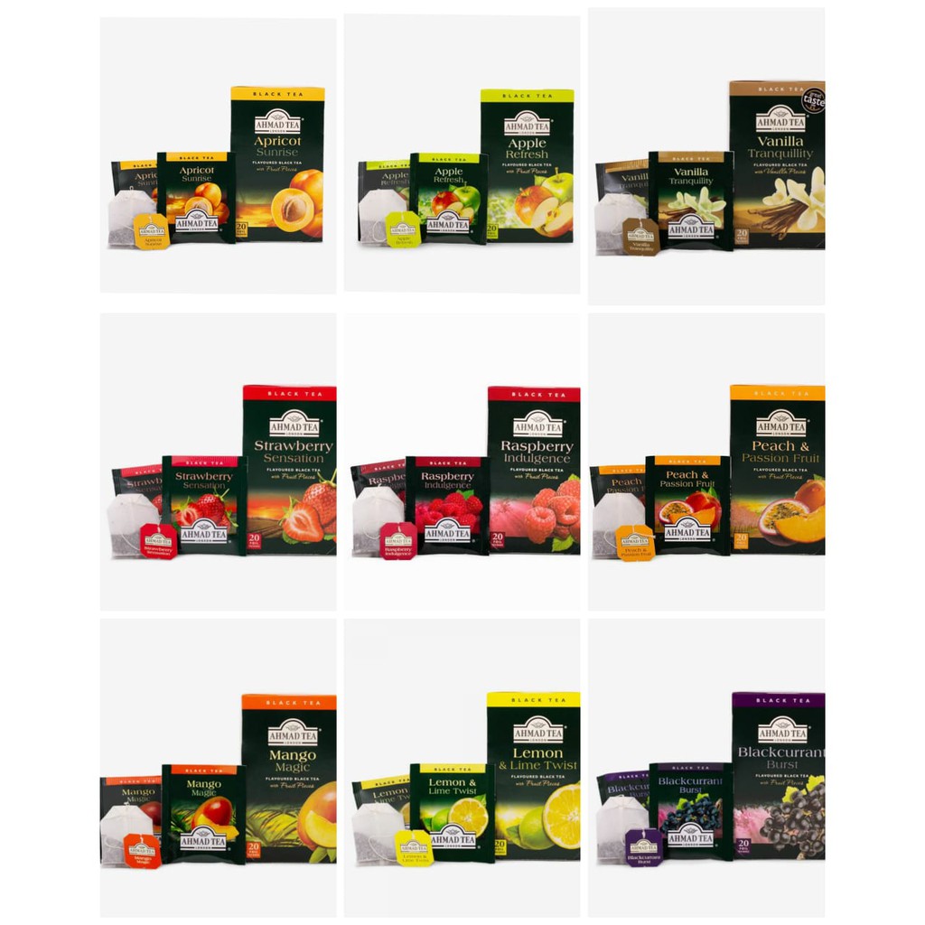 

AHMAD TEA LONDON - Fruits Flavour - Apricot Sunrise Apple Refresh Vanilla Tranquility Strawberry Sensation Raspberry Indulgence Mango magic Peach passion blackcurrant burst Lemon lime twist